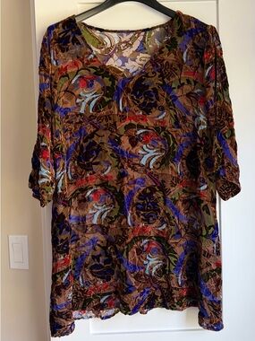 Velvet Burnout Paisley Tunic - Brown with Blue & Red Accents 3XL